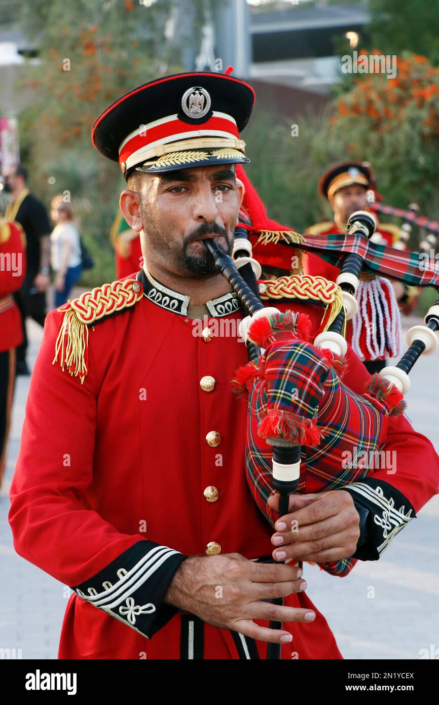 Dubai, United Arab Emirates - March 15, 2022 Emirati Police Brass band orchestra performing at Expo 2020 Dubai Daily Parade Stock Photo