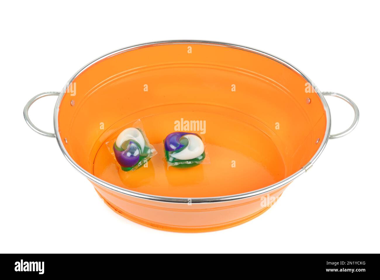 Basin for different purposes and washing gel capsule isolated on white background Stock Photo