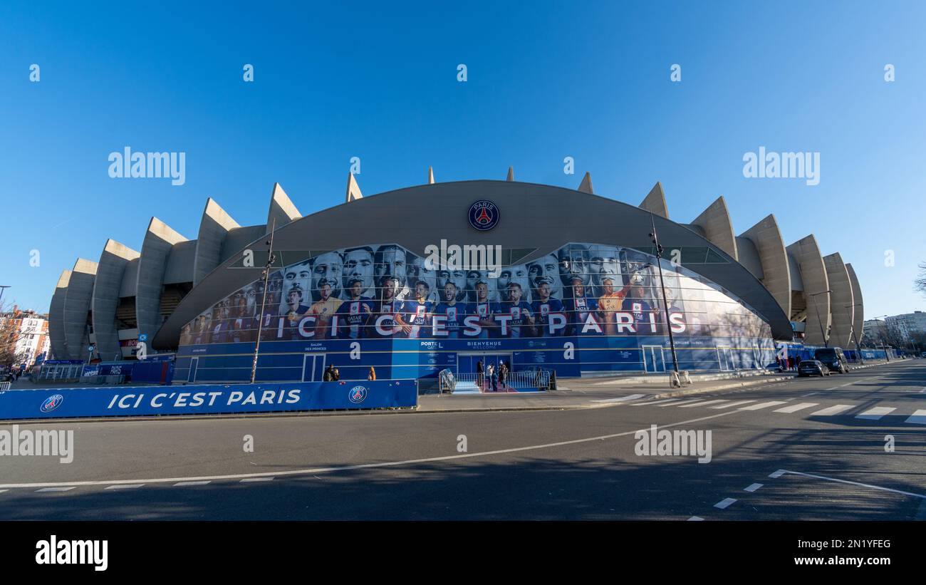 Exterior view of the Parc des Princes, French stadium hosting the Paris Saint-Germain football club Stock Photo