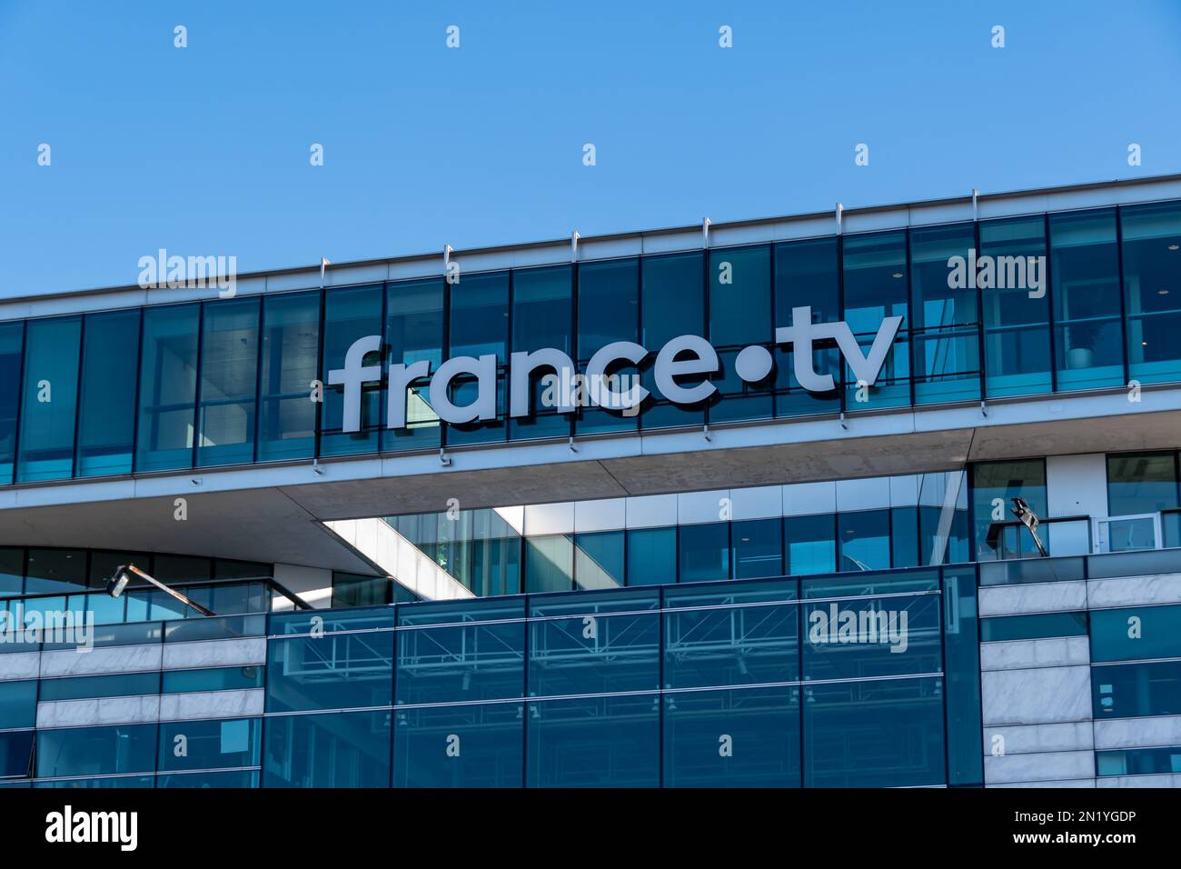 "France.tv" sign on the headquarters of France Télévisions, the national program company which