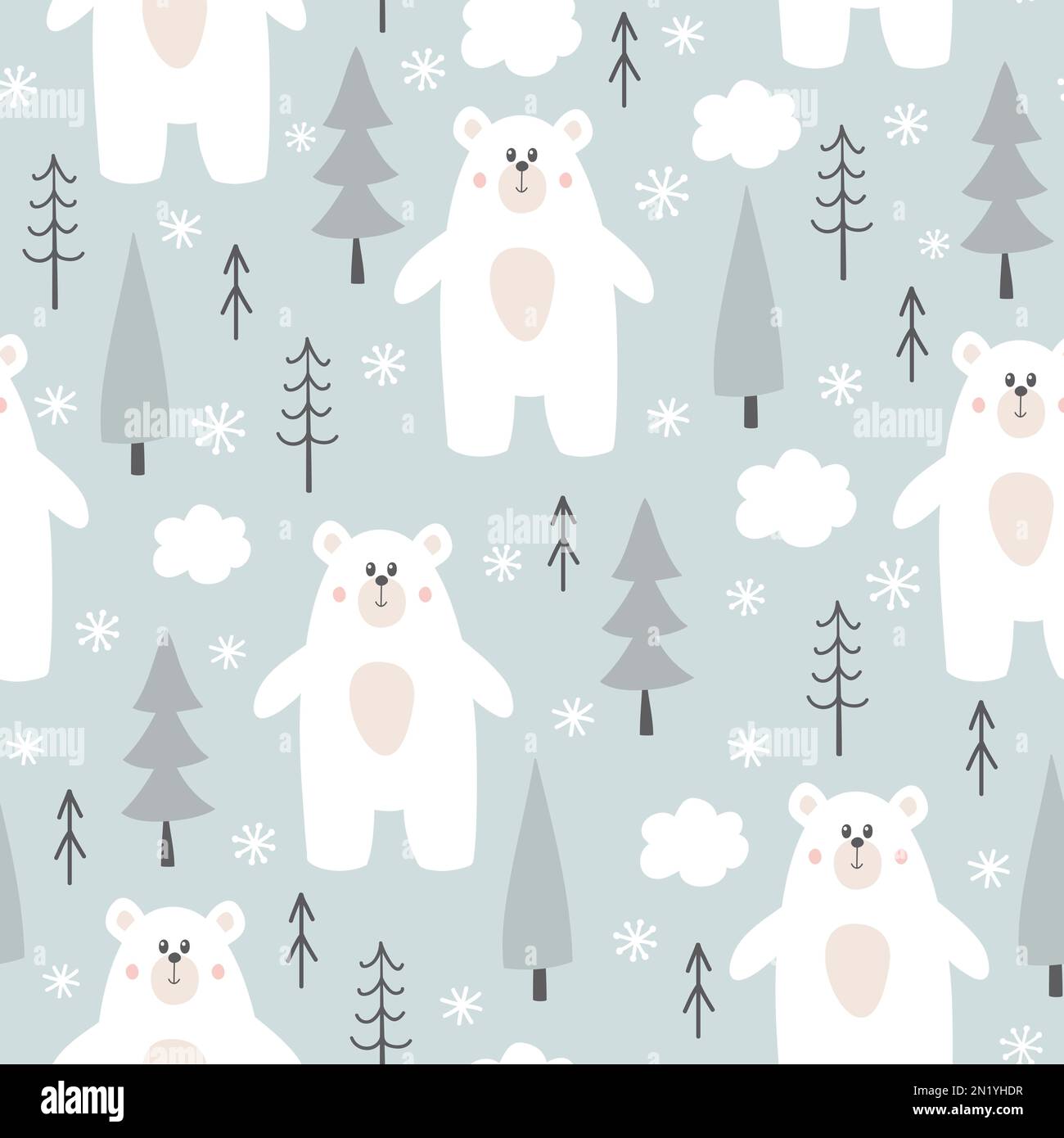Winter seamless pattern with cute polar bear, trees and snowflakes. Stock Photo