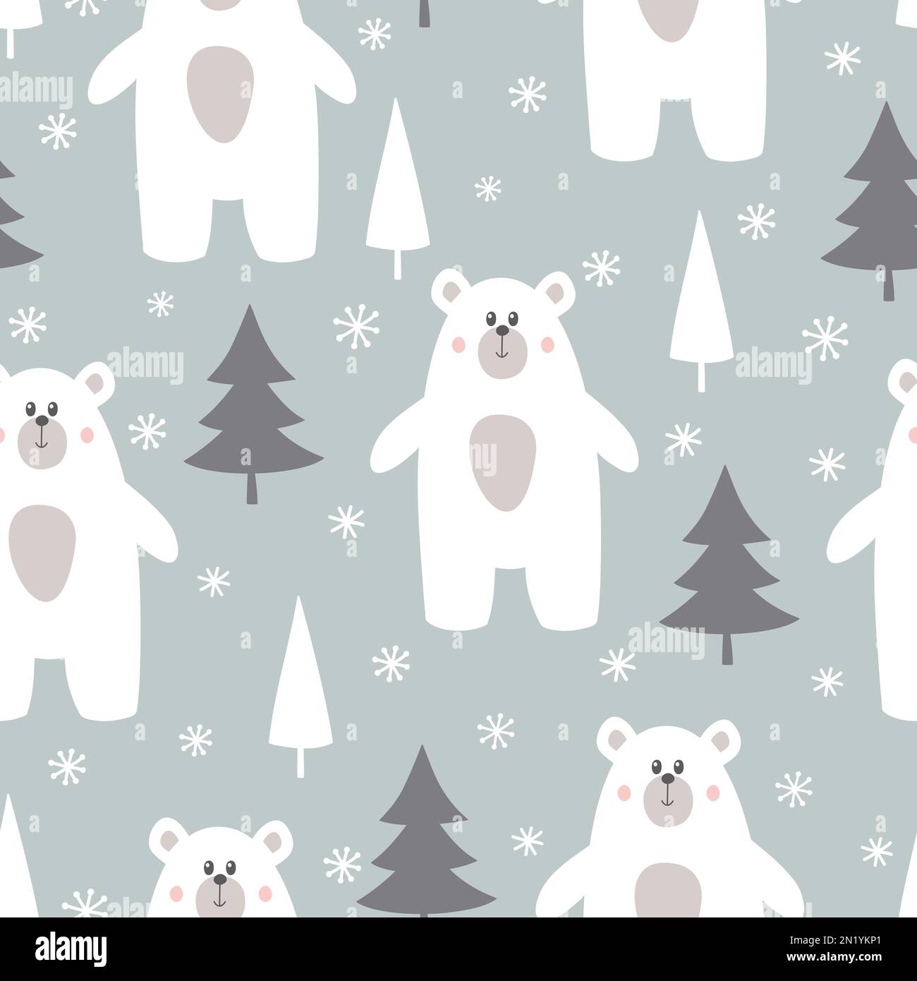 Cute polar bear seamless pattern. Winter background with bears, trees and snowflakes. Stock Photo