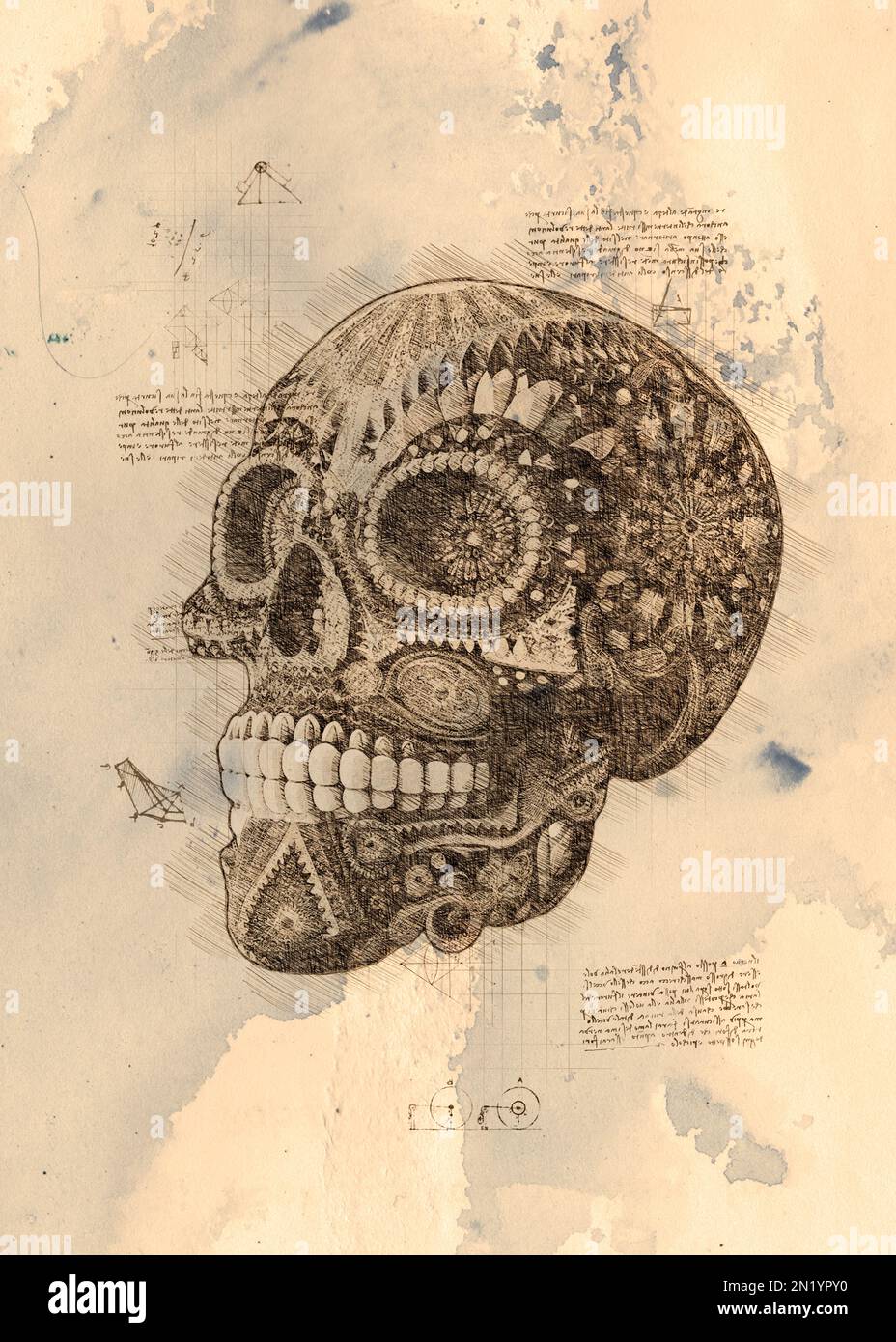 Digital sketch of a mexican deads day skull in old sketch style Stock Photo