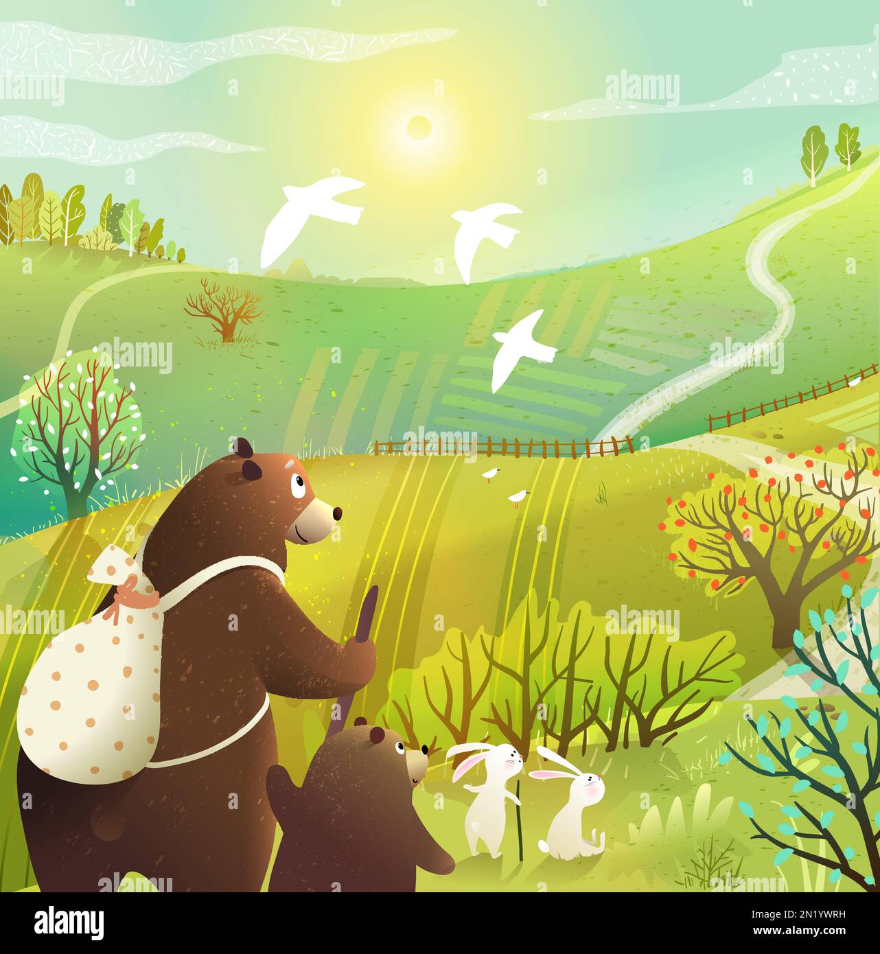 Bears Travelling in Rustic Wild Scenery Landscape Stock Vector