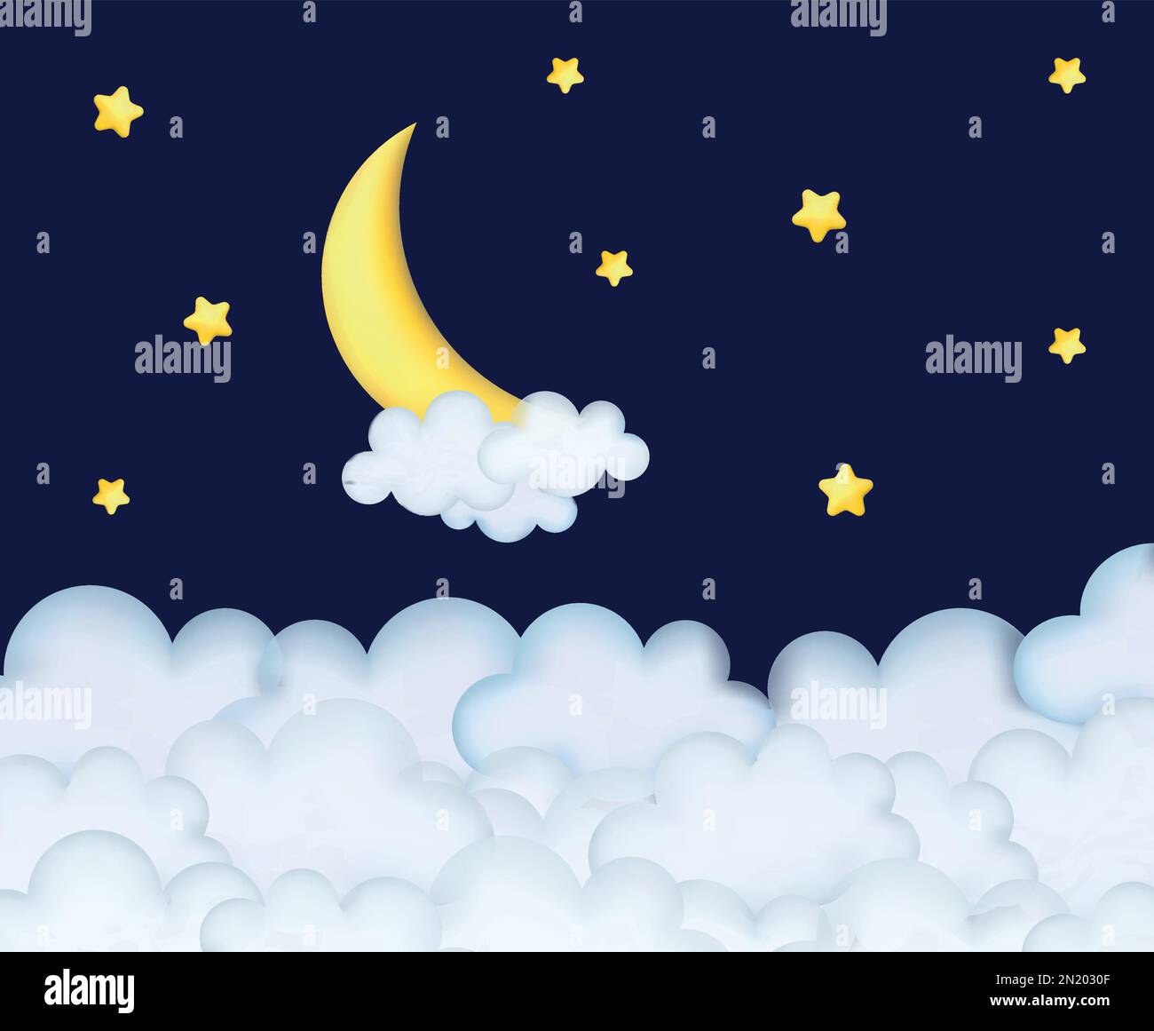 Crescent moon, golden stars and white clouds 3d style isolated on blue background. Dream, lullaby, dreams background design for banner, booklet, poste Stock Vector