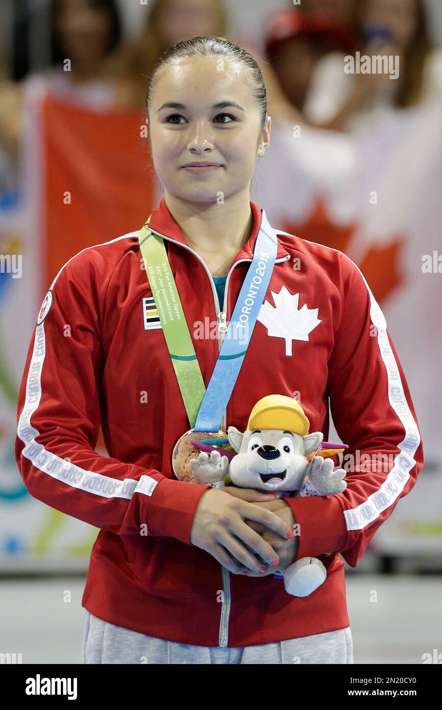 Canada's Victoria Woo wears her bronze medal after winning it in women