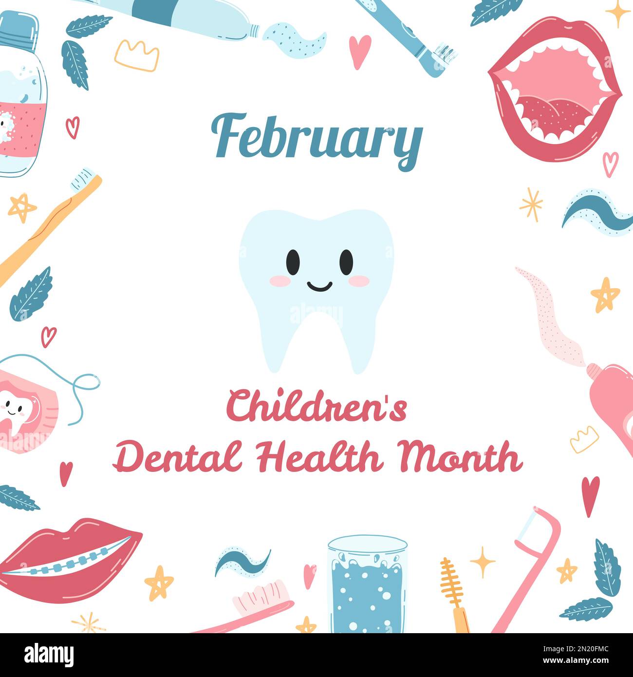 February is National Childrens Dental Health Month. Vector illustration
