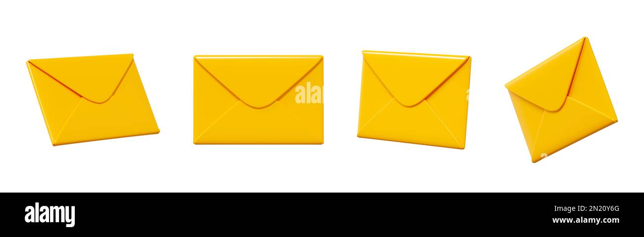 Mail 3d render - closed yellow paper envelope. Set of letter for notice or message. Stock Photo