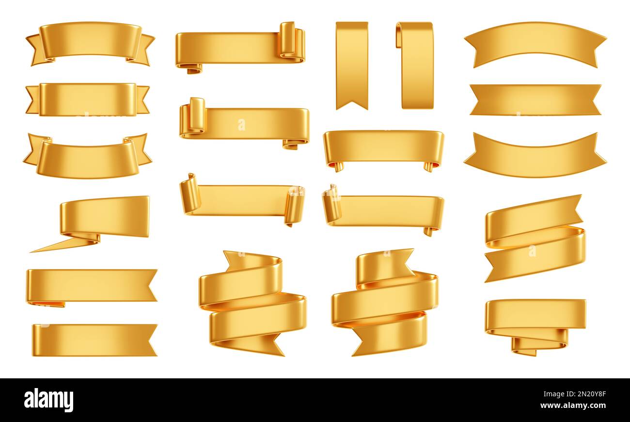 Golden ribbon banner 3d render set of gold glossy text box for sale