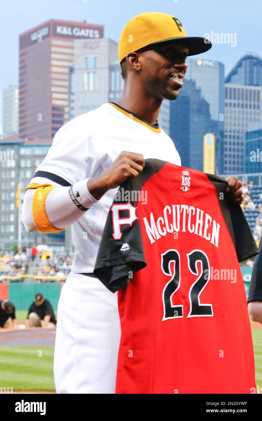 Pittsburgh Pirates' Andrew McCutchen shows his All-Star jersey after it was  presented before a baseball game between the Pittsburgh Pirates and the St.  Louis Cardinals, Sunday, July 12, 2015, in Pittsburgh. (AP