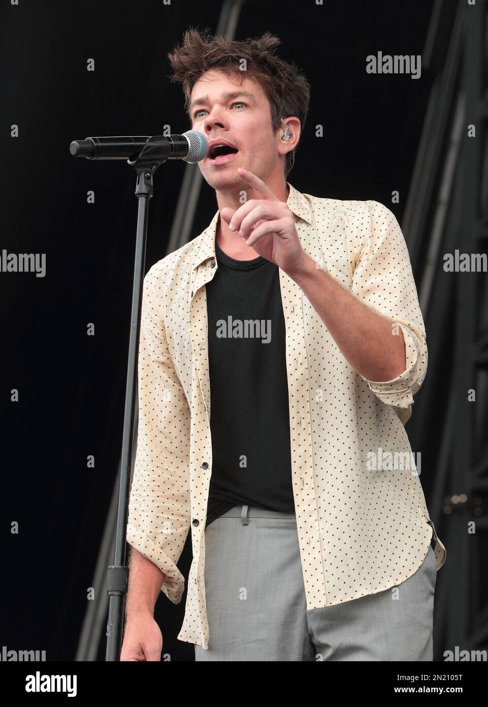 Nate Ruess of the band fun. performs solo in concert during the Radio 104.5  Summer Block Party at Festival Pier on Sunday, July 12, 2015, in  Philadelphia. (Photo by Owen Sweeney/Invision/AP Stock