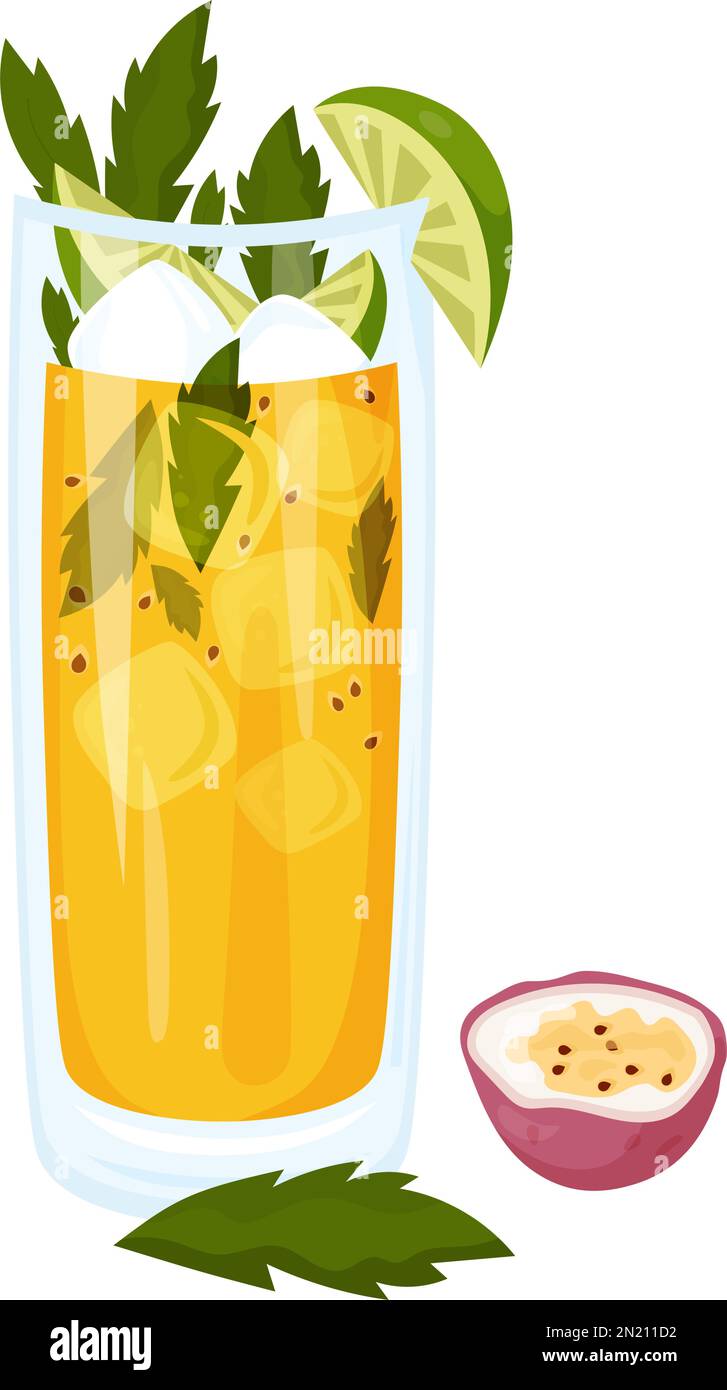 Passion Fruit Mojito tropical Cuban cocktail. Mojitos summer cocktail in glass with ice cubes, mint and lime. Vector illustration Latin American drink Stock Vector