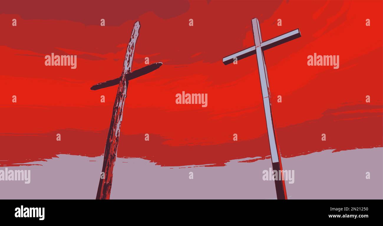Two crosses stand high on the hill under a blood red sky. Stock Vector