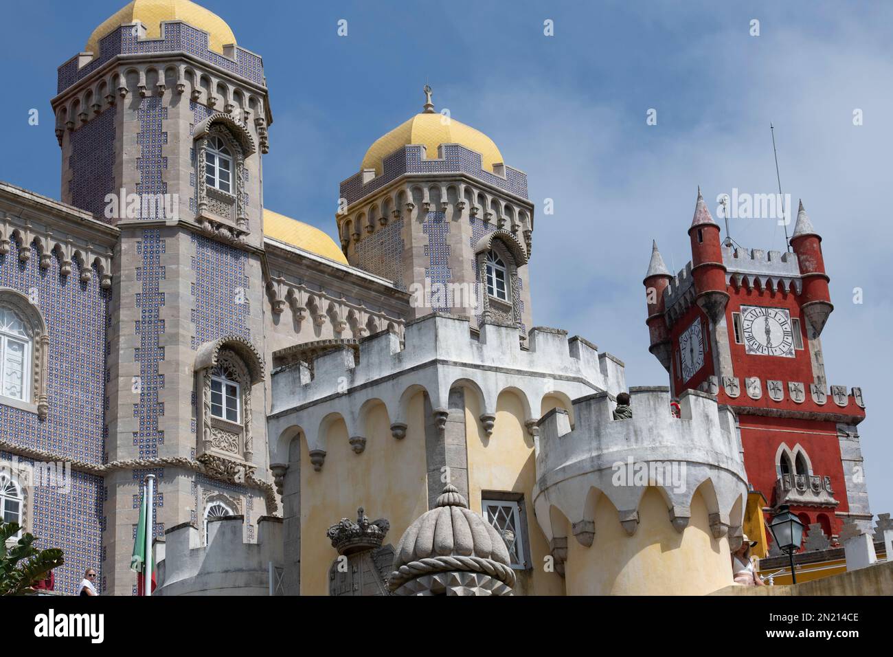 Main Facade with geometric Moorish tiles and clock tower, Pena Palace, Sintra, Lisboa, Portugal, Europe Stock Photo