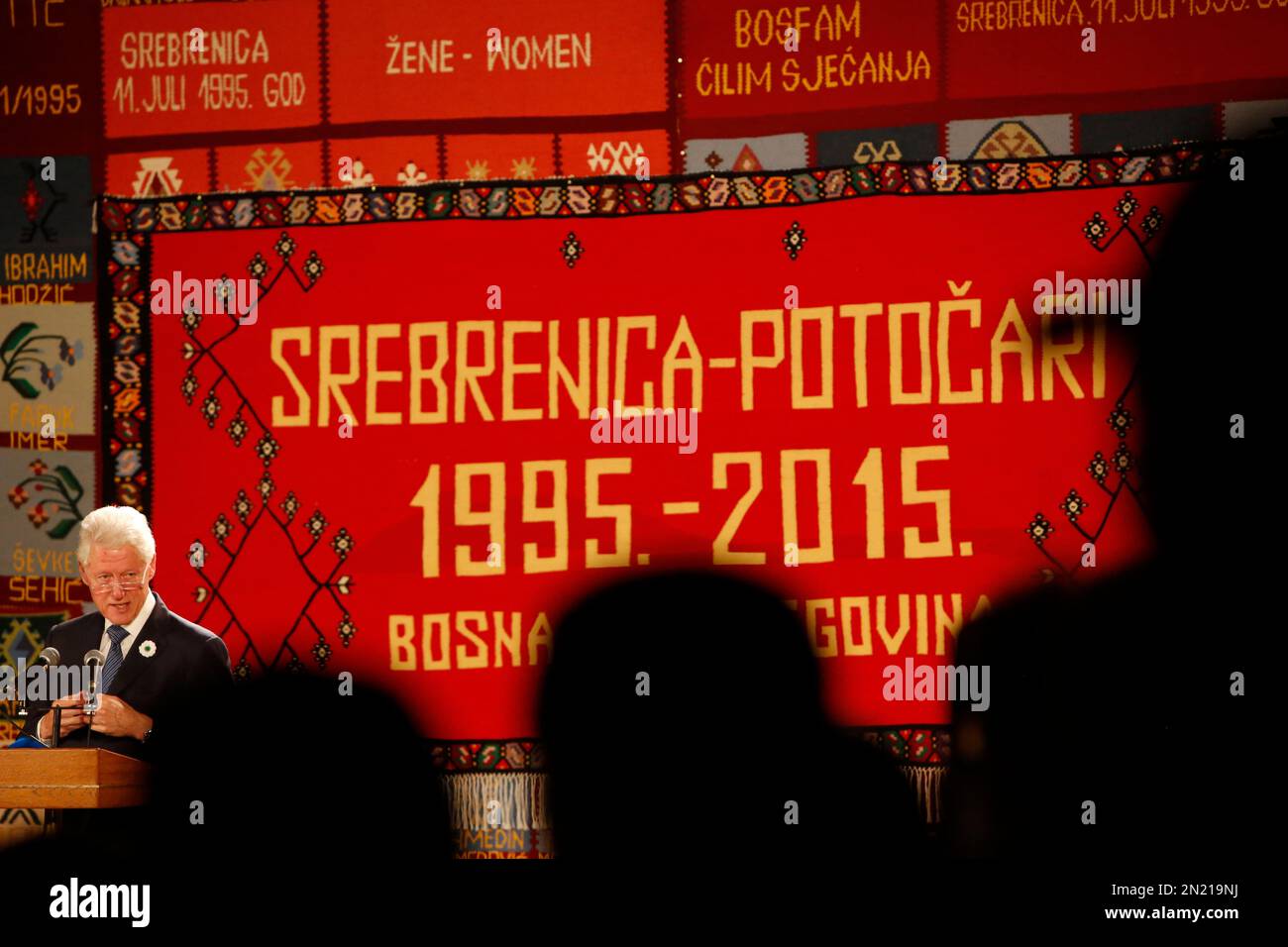 Former U.S President Bill Clinton addresses dignitaries during a ceremony marking 20th anniversary of the Srebrenica massacre in the memorial complex of Potocari, 150 kms northeast of Sarajevo, Saturday, July 11, 2015. Twenty years ago, on July 11, 1995, Serb troops overran the eastern Bosnian Muslim enclave of Srebrenica and executed some 8,000 Muslim men and boys, which International courts have labeled as an act of genocide, and newly identified victims of the genocide are still being re-interred in Srebrenica. (AP Photo/Amel Emric) Stock Photo