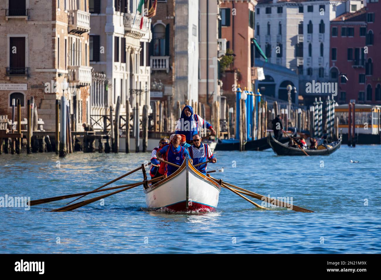 Row boat on Canal Grande, Grand Canal, Venice, Veneto, Italy, Europe Stock Photo