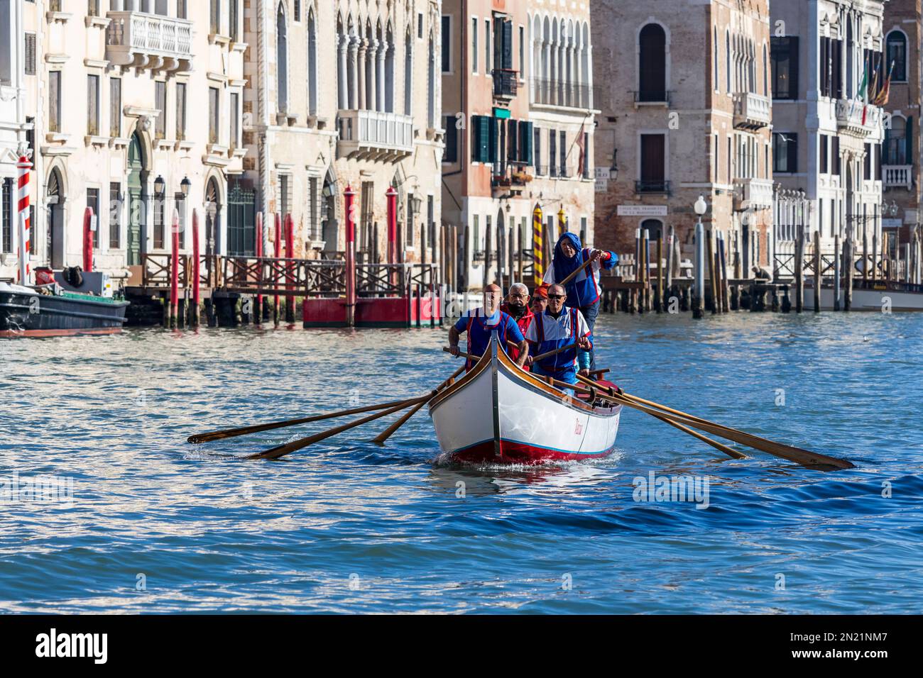 Row boat on Canal Grande, Grand Canal, Venice, Veneto, Italy, Europe Stock Photo