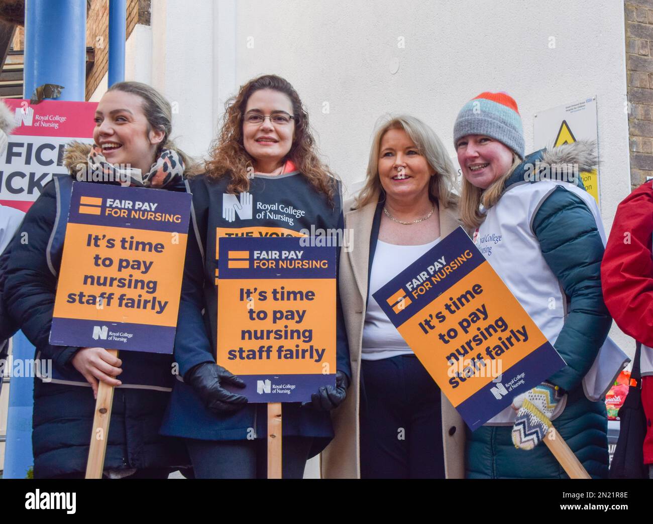 London, UK. 6th February 2023. Pat Cullen, General Secretary and Chief Executive of the Royal College Of Nursing, visits the picket outside Great Ormond Street Hospital as NHS nurses continue their strikes over pay. Stock Photo