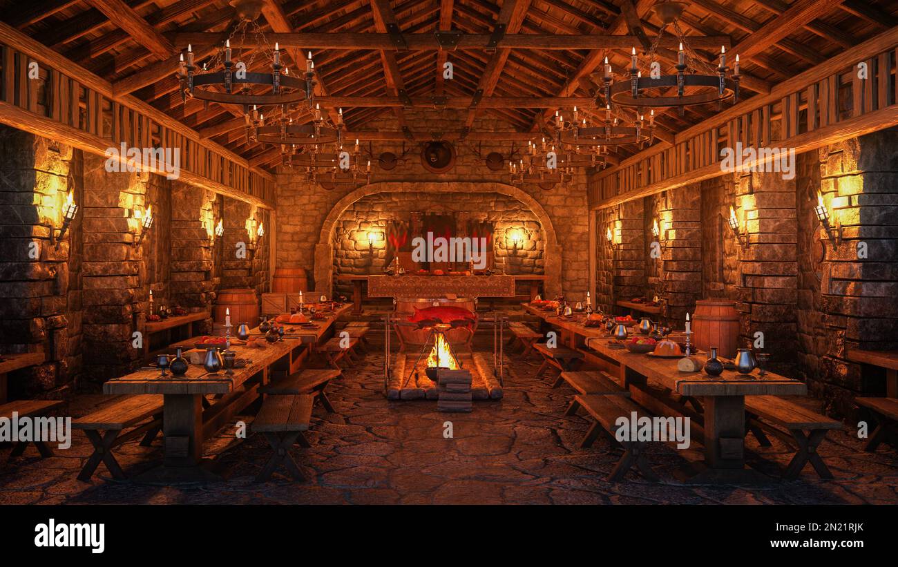 Ancient medieval dining hall with meat roasting over an open fire. 3D illustration Stock Photo