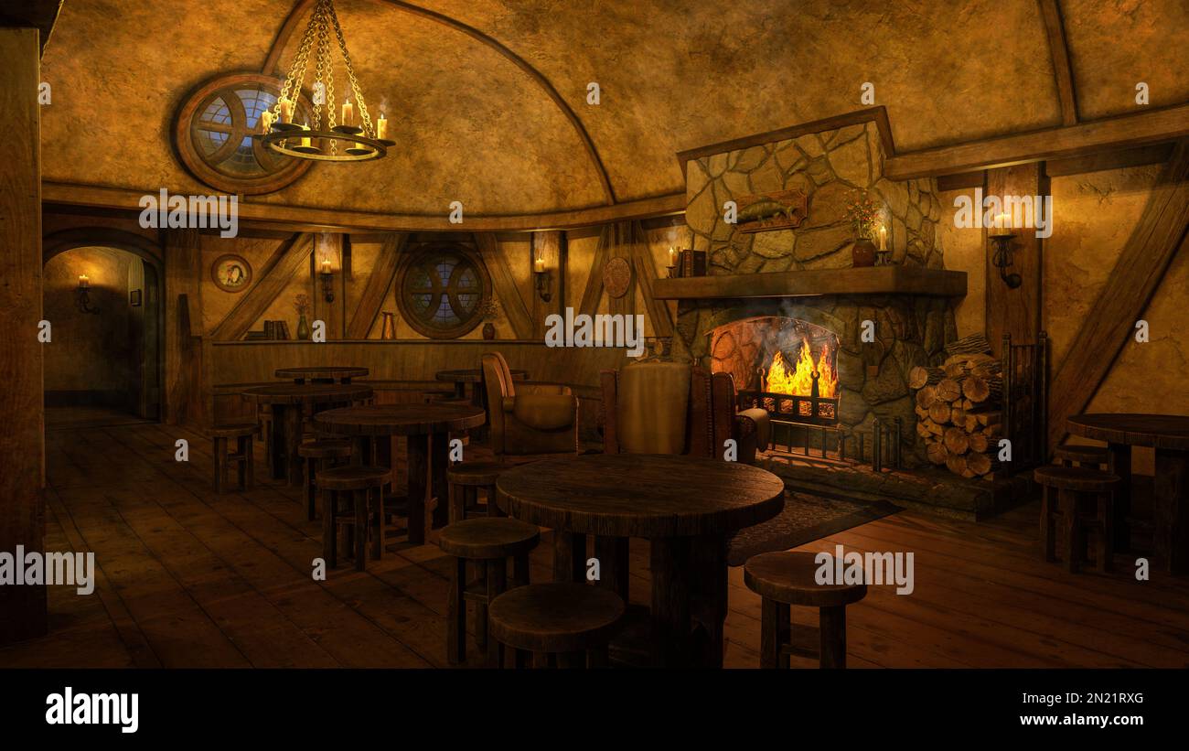Medieval tavern inn bar with open fire burning in the evening with candlelight. 3D illustration. Stock Photo