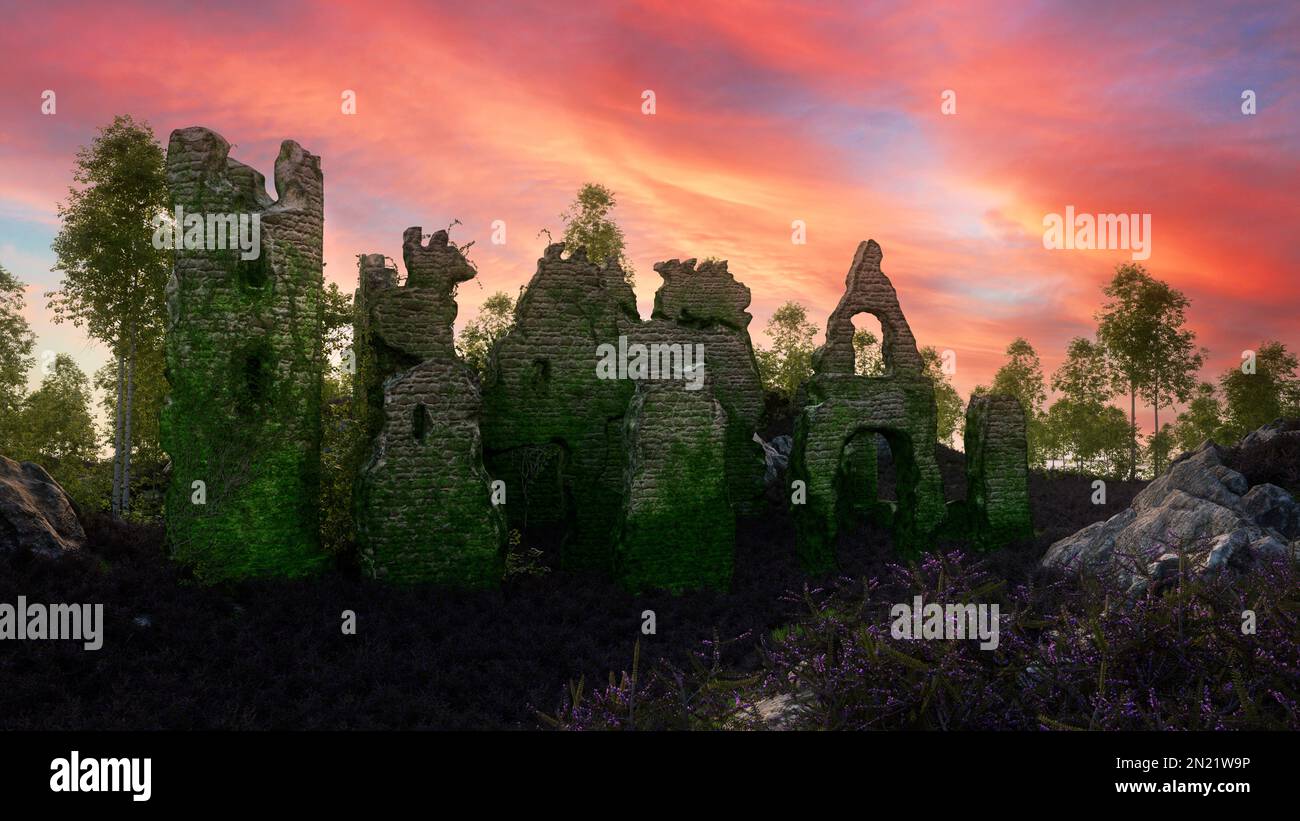 Medieval fantasy castle ruin overgrown with purple heather in the ...