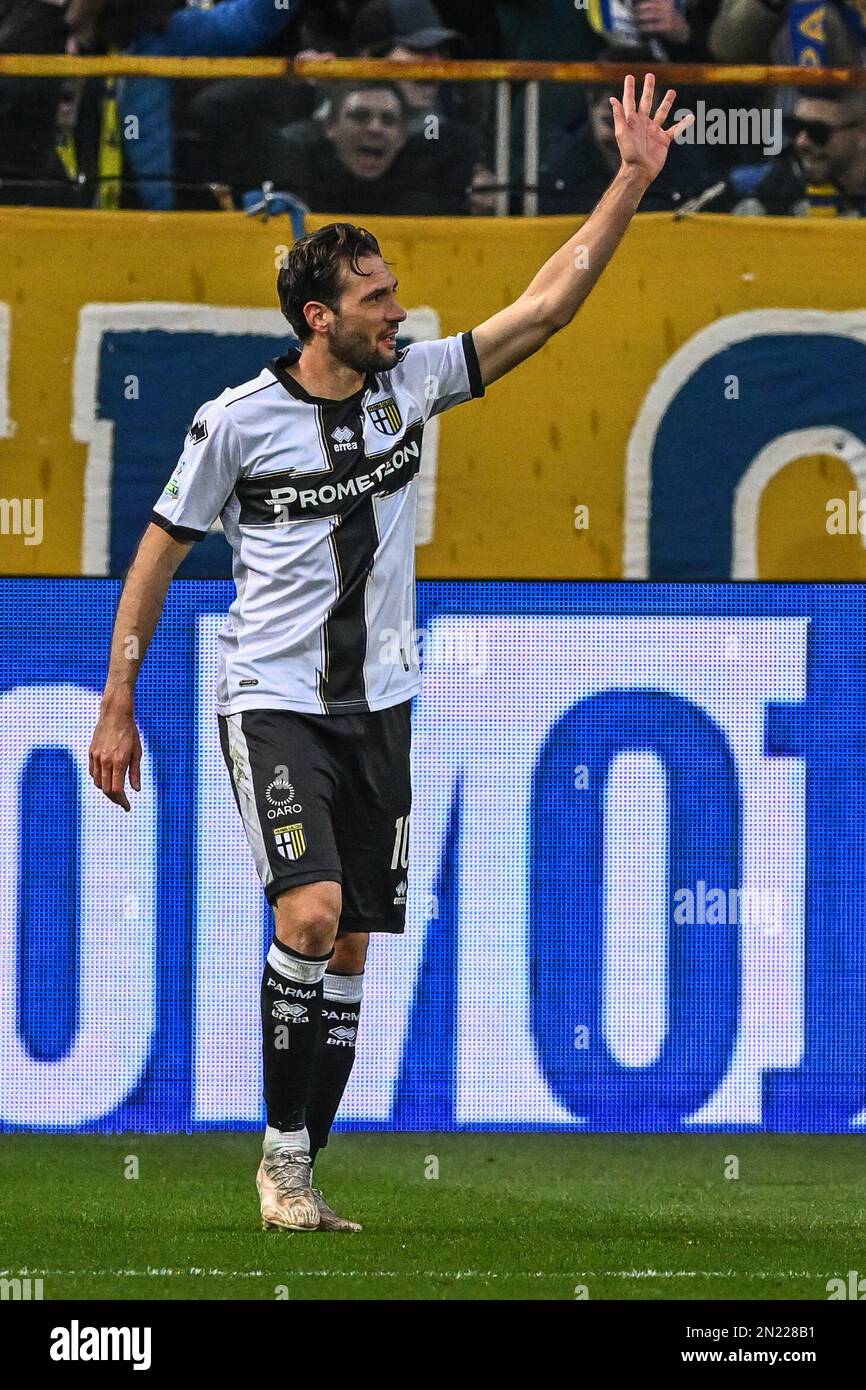 Parma, Italy. 05th Feb, 2023. Tardini Stadium, 05.02.23 Franco Damian  Vazquez (10 Parma) celebrates his goal during the Serie B match between  Parma and Genoa at Tardini Stadium in Parma, Italia Soccer (