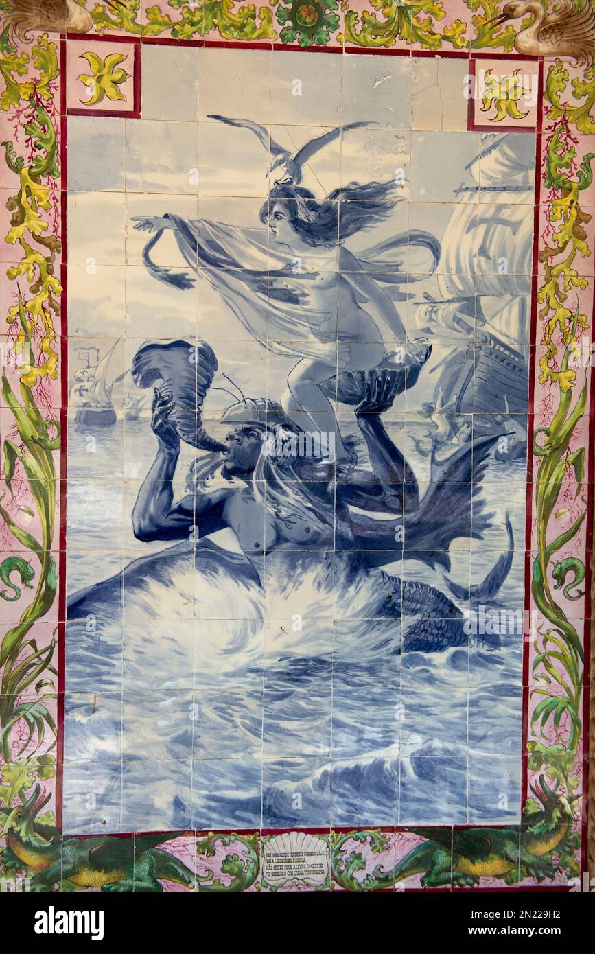 Azulejo tiles depicting Triton, Dione and the Portuguese fleet, verandah of Buçaco Palace Hotel, Luso, Mealhada, Portugal, Europe Stock Photo