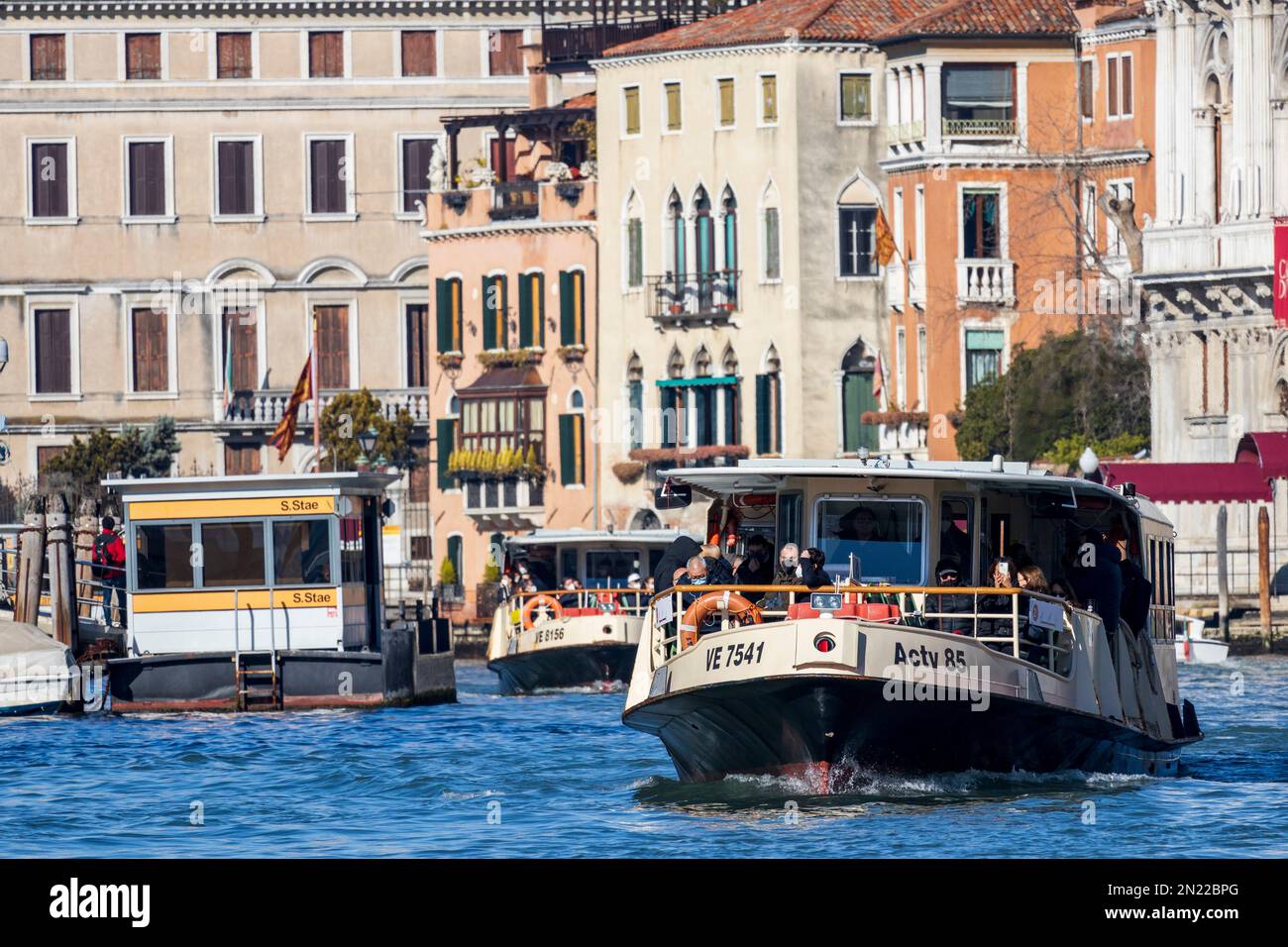 Vaporetto with water bus stop, ACTV, Canal Grande, Grand Canal, Venice, Veneto, Italy, Europe Stock Photo