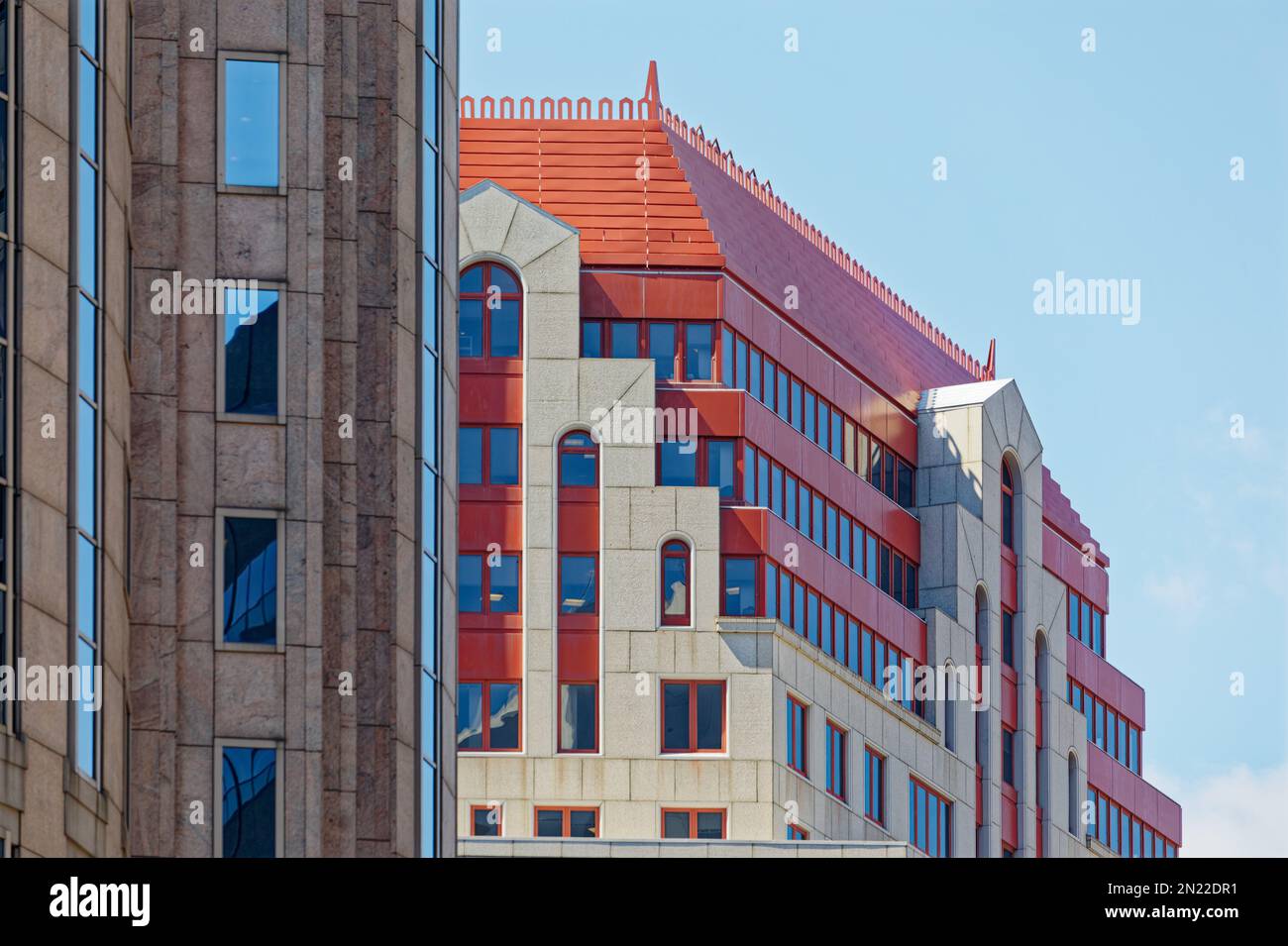 Boston Financial District: 99 Summer Street’s distinctive red crown makes it a downtown landmark. Stock Photo