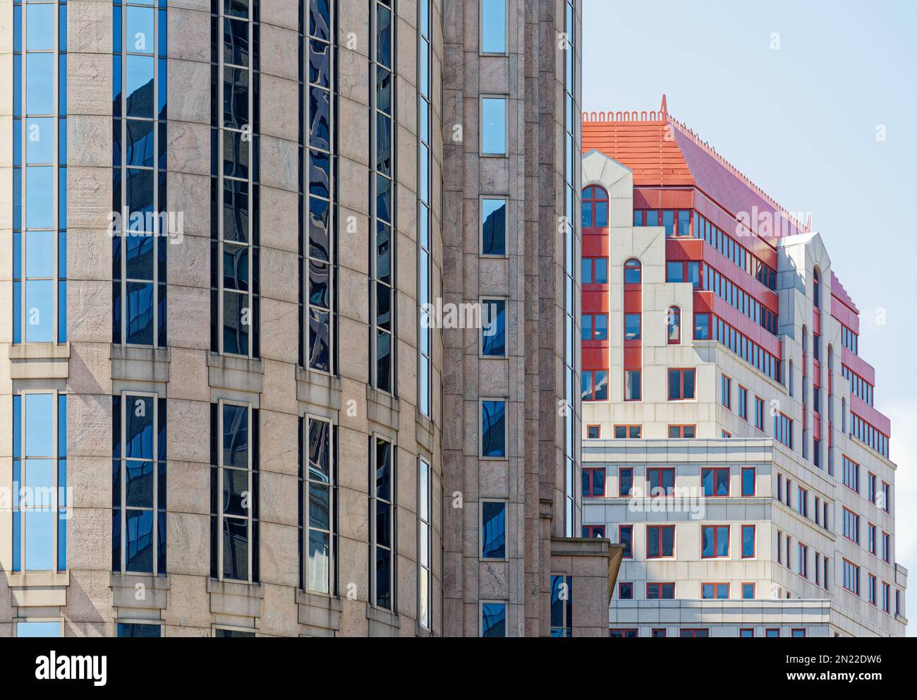 Boston Financial District: 99 Summer Street’s distinctive red crown makes it a downtown landmark. Stock Photo
