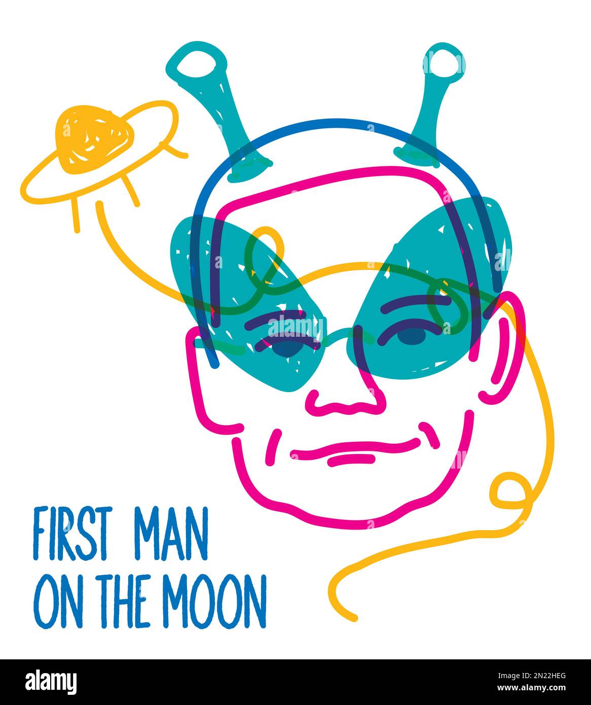 Poster color line illustration of famous people First man on thr Moon Stock Vector