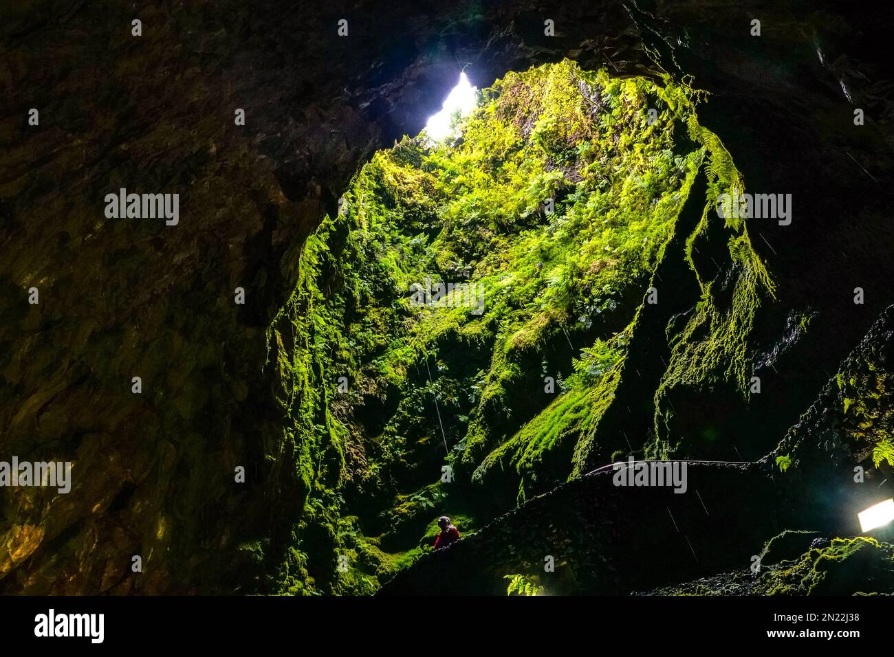 View looking up inside the Algar do Carvão a vertical lava tube dropping 300 feet from the surface accessible by a narrow staircase to a clear water pool at the bottom in the central mountains, Terceira Island, Azores, Portugal. Stock Photo