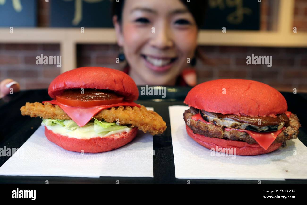 Burger King Japan's "Aka (red) Samurai" burgers are displayed at its