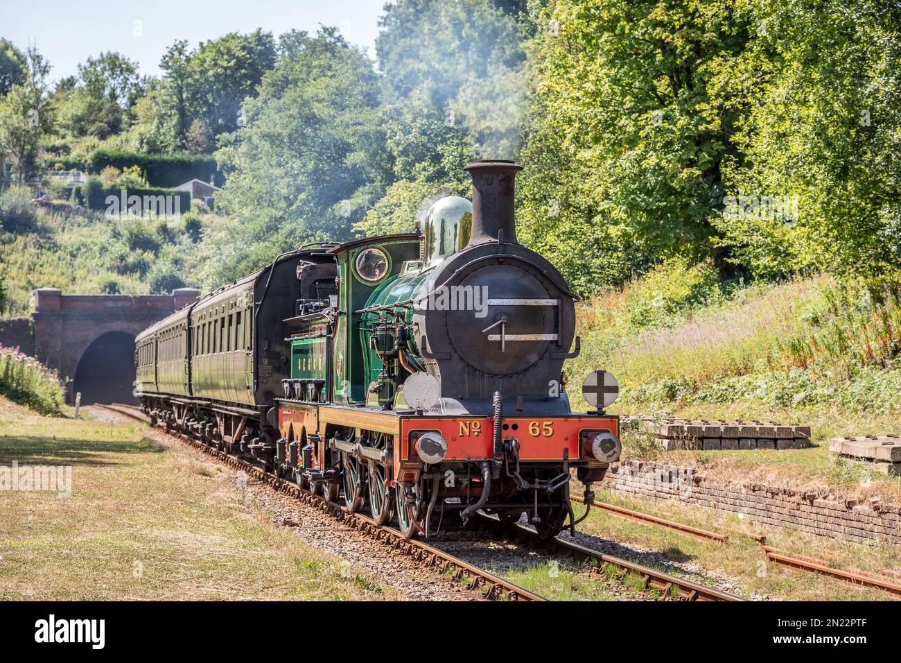SECR '01' 0-6-0 No. 65 passes the site of West Hoathley station on the Bluebell Railway Stock Photo