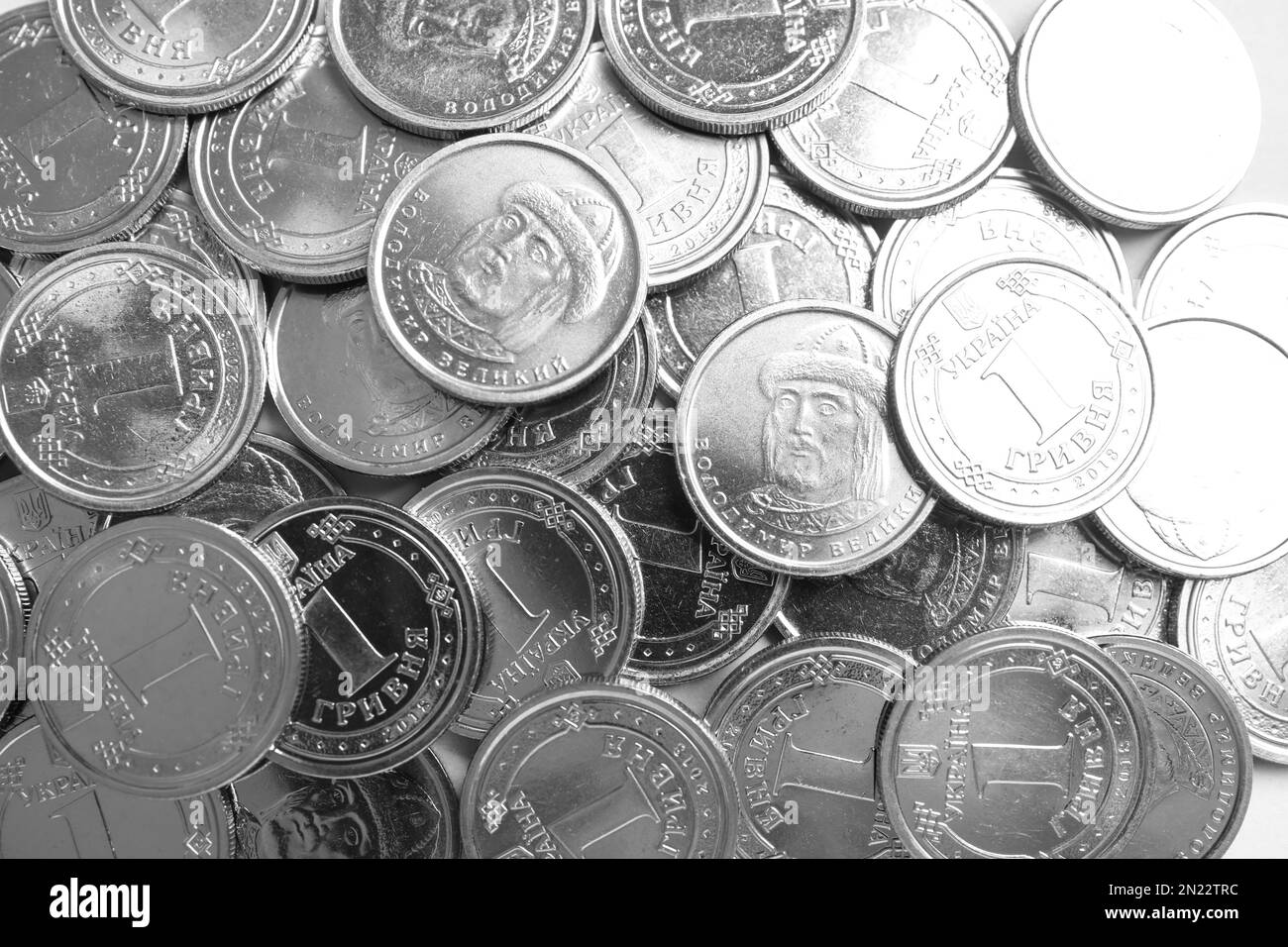 Many Ukrainian coins as background, top view. National currency Stock Photo