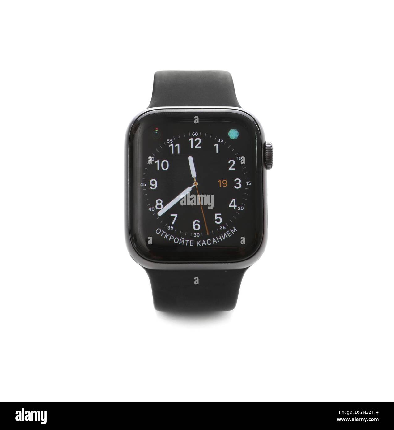 MYKOLAIV, UKRAINE - SEPTEMBER 19, 2019: Apple Watch with analog clock face skin on screen against white background Stock Photo