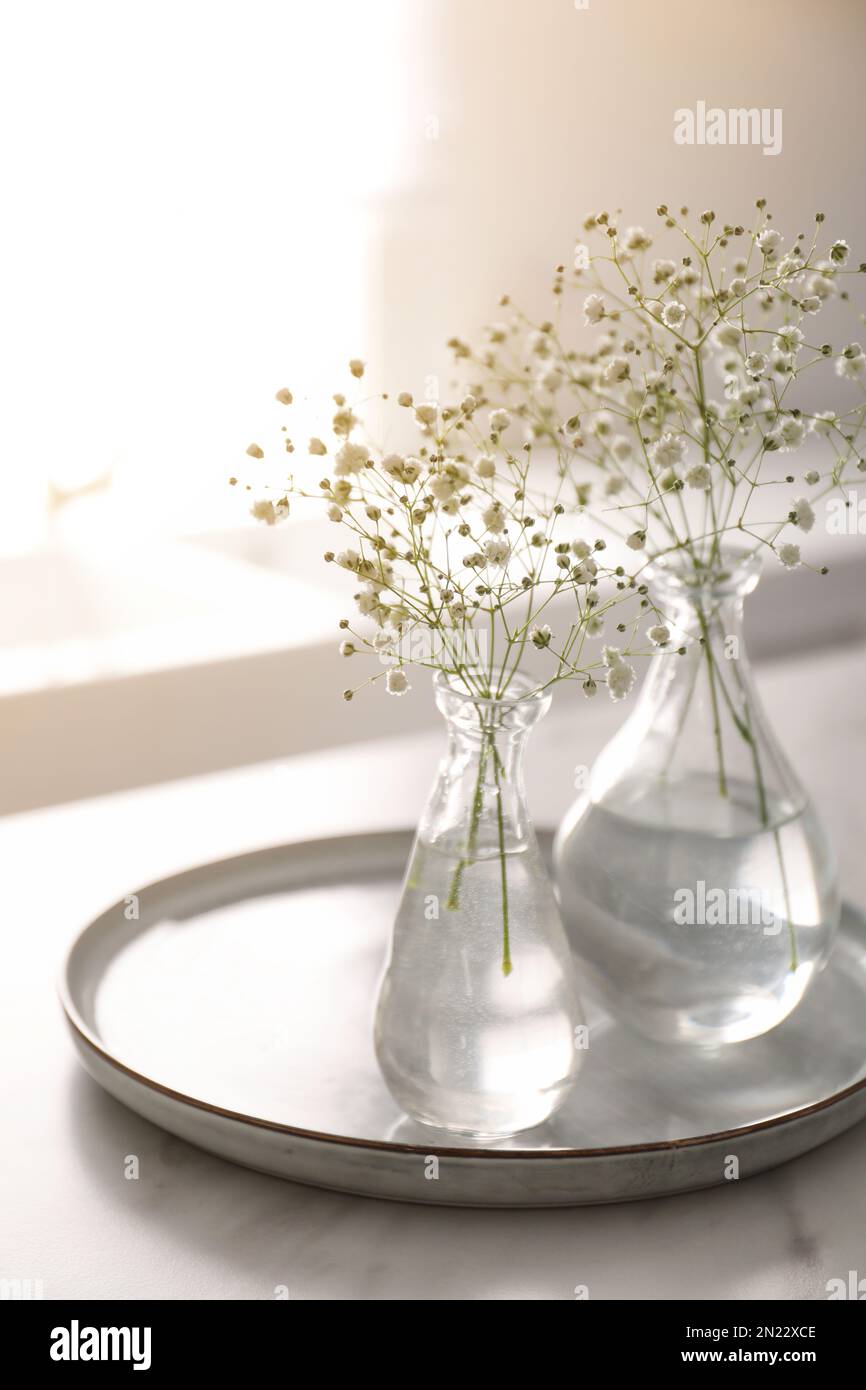 Vases with gypsophila flowers on table in kitchen. Interior design ...