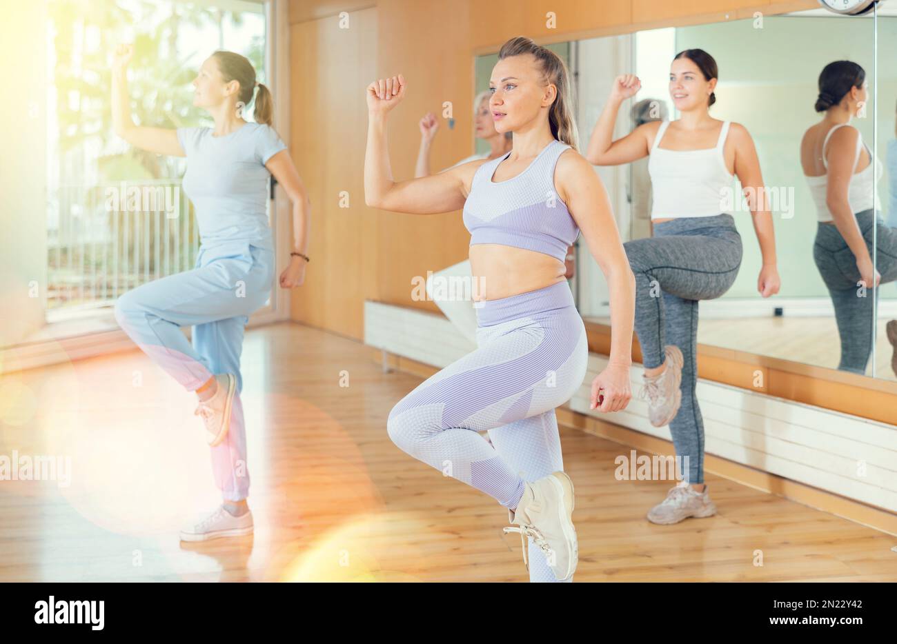Women dancing aerobics at lesson in dance class Stock Photo Alamy