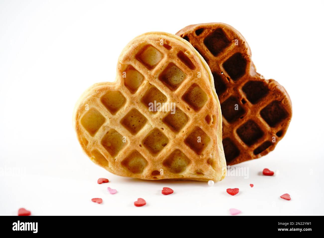 Homemade heart shaped waffles isolated on white background Valentine