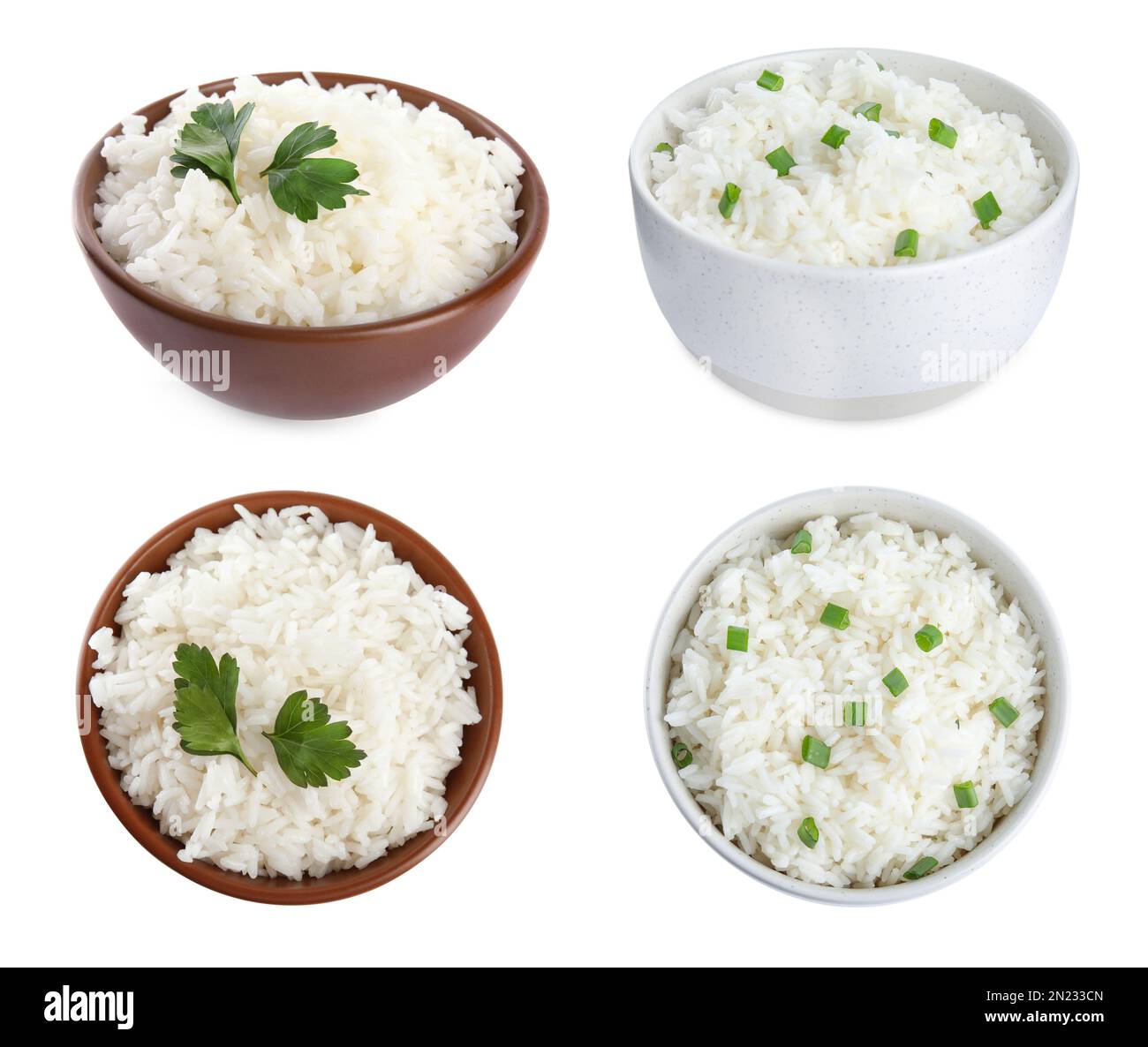 Set of bowls with cooked rice isolated on white Stock Photo - Alamy