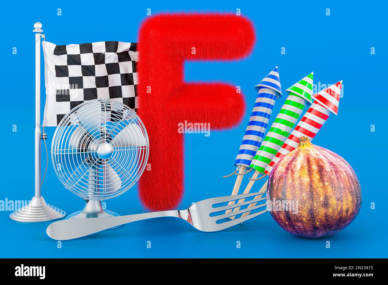 Kids ABC, fluffy letter F with fan, flag, fireworks, fork, fig. 3D rendering on blue background Stock Photo
