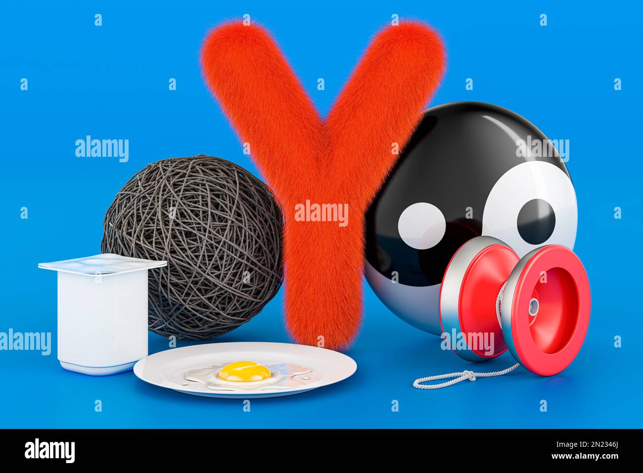 Kids ABC, fluffy letter Y with yo-yo, yogurt, yarn, yolk, yin yang. 3D rendering on blue background Stock Photo