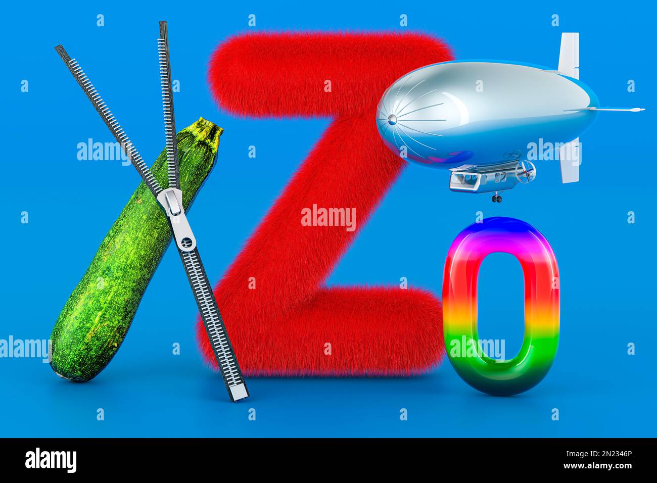 Kids ABC, fluffy letter Z with zipper, zeppelin, zucchini, zero. 3D rendering on blue background Stock Photo
