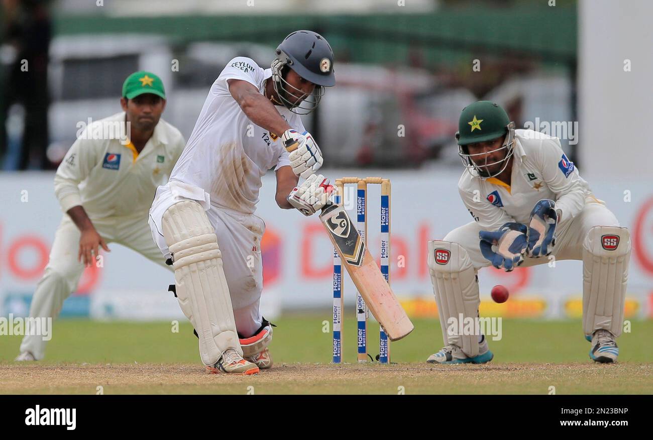 Sri Lankan batsman Dimuth Karunaratne bats against Pakistan during the