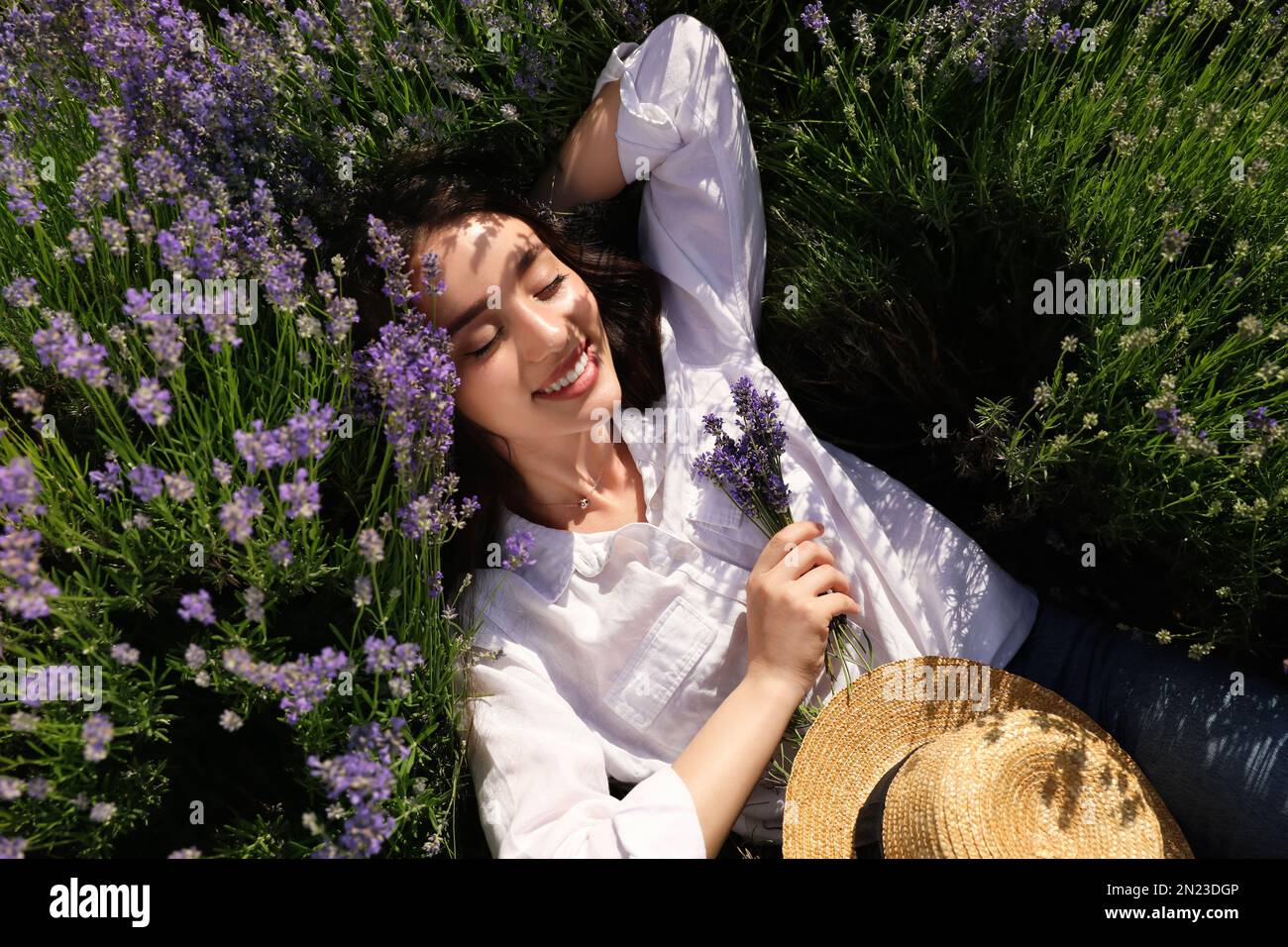 Young woman lying in lavender field on summer day Stock Photo Alamy