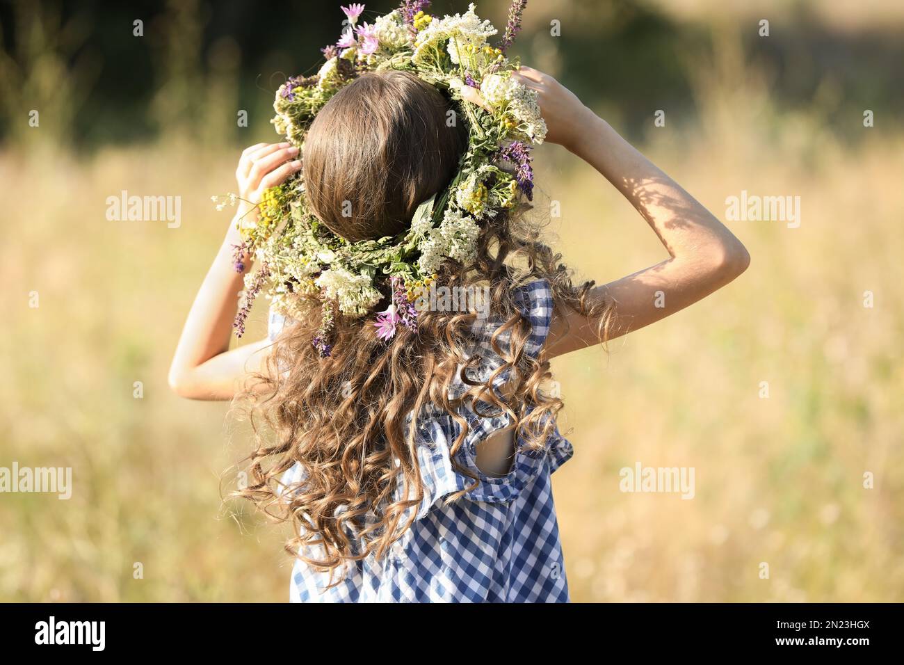 Little girl wearing wreath made of beautiful flowers in field on sunny ...