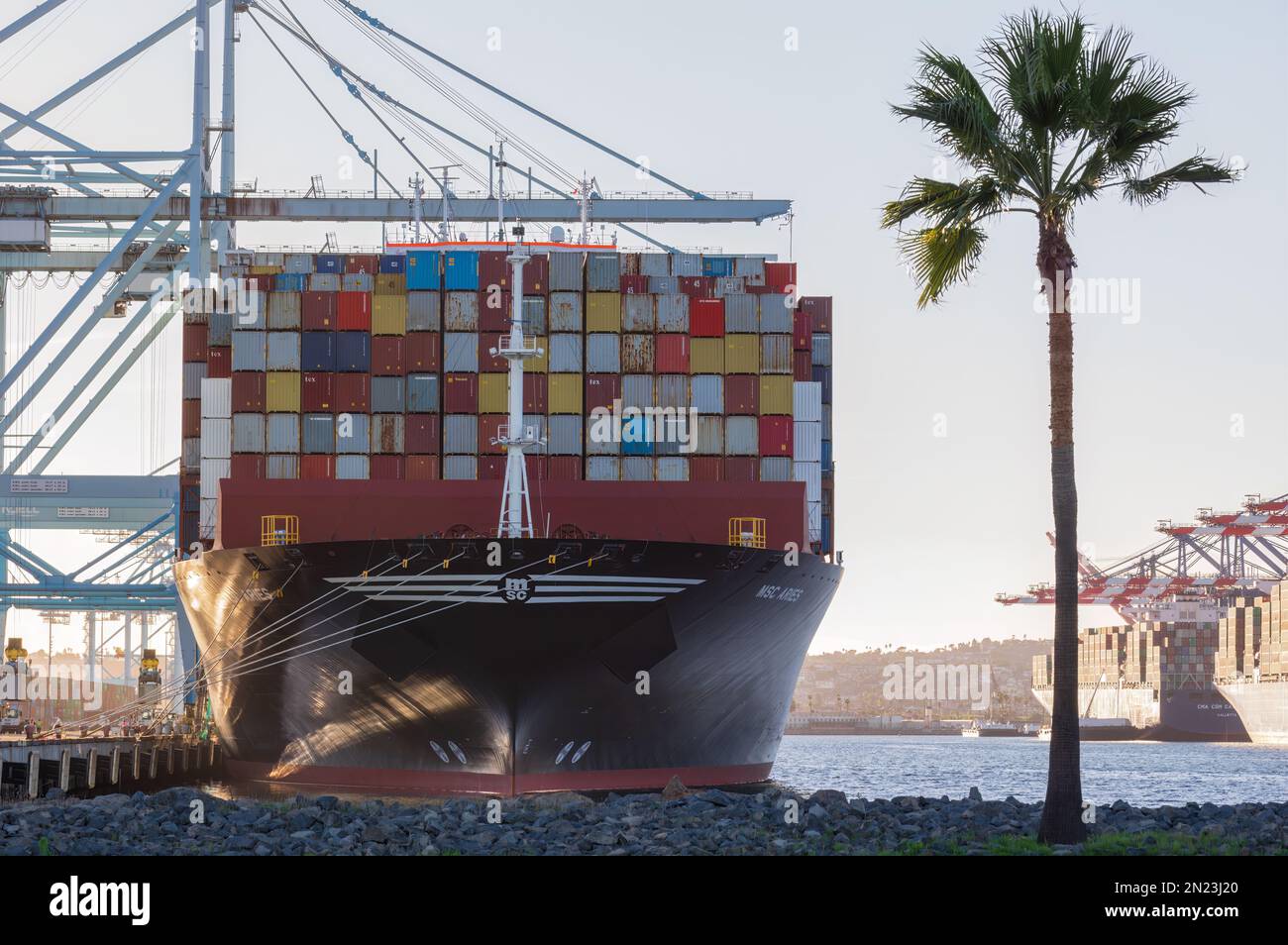 Port of Los Angeles, California, United States - December 26, 2021: container ship MSC Aries shown docked at at APM Terminals. Stock Photo