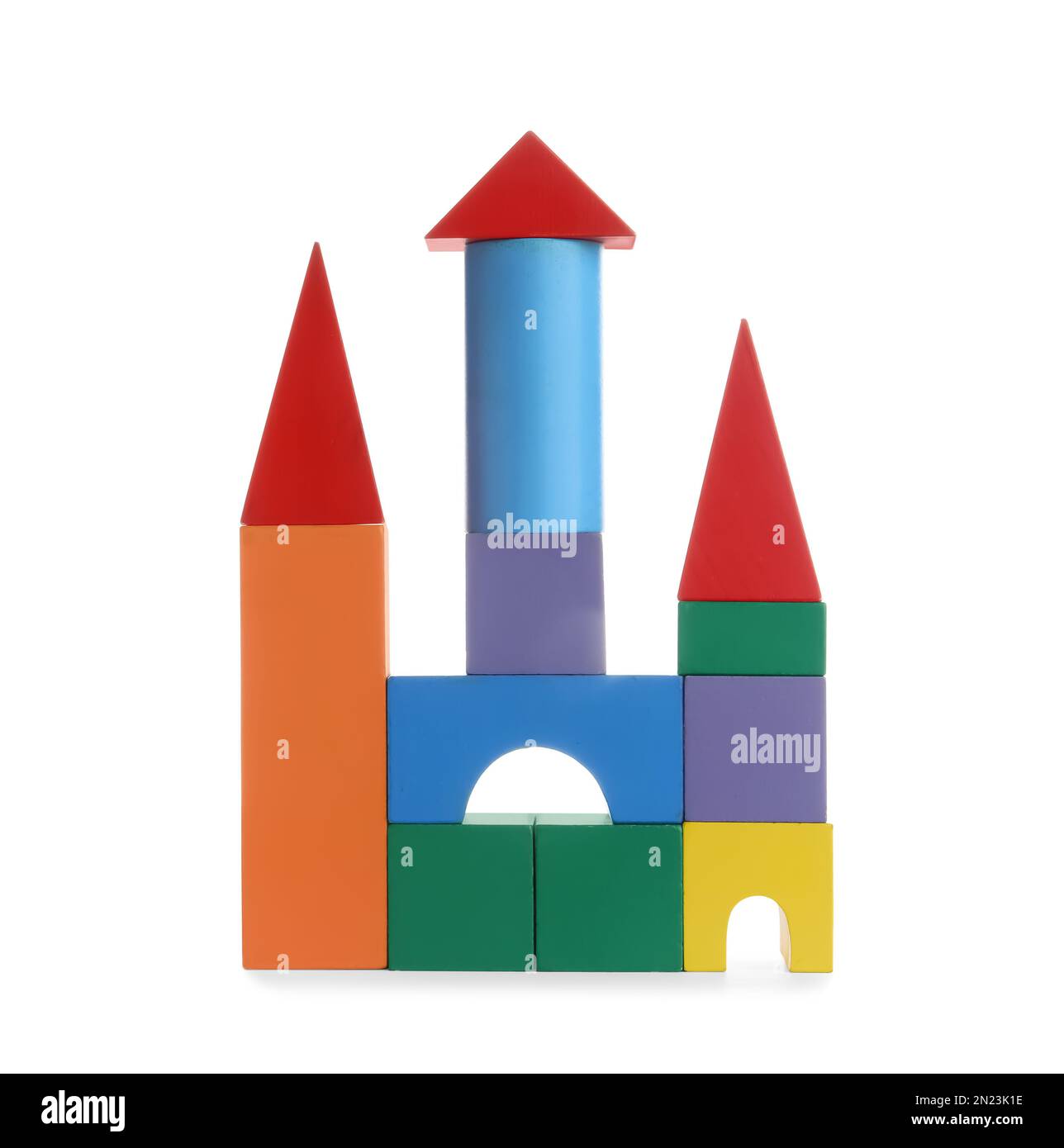 Colorful toy castle made of blocks isolated on white Stock Photo Alamy