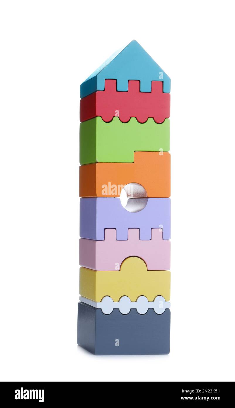 Colorful toy tower made of blocks isolated on white Stock Photo Alamy
