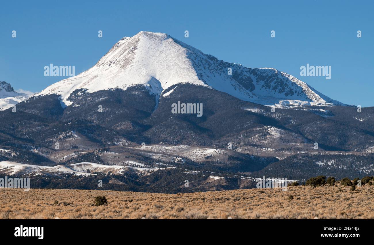 14,042 Foot Mount Lindsey is part of the Sierra Blanca Massif, and the Sangre de Cristo Mountain Range in southern  Colorado. Stock Photo